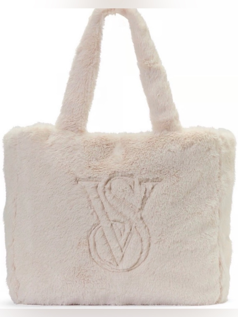 NEW Victoria’s Secret White Cream Sherpa Faux Fur Large Logo Tote Bag Zipper